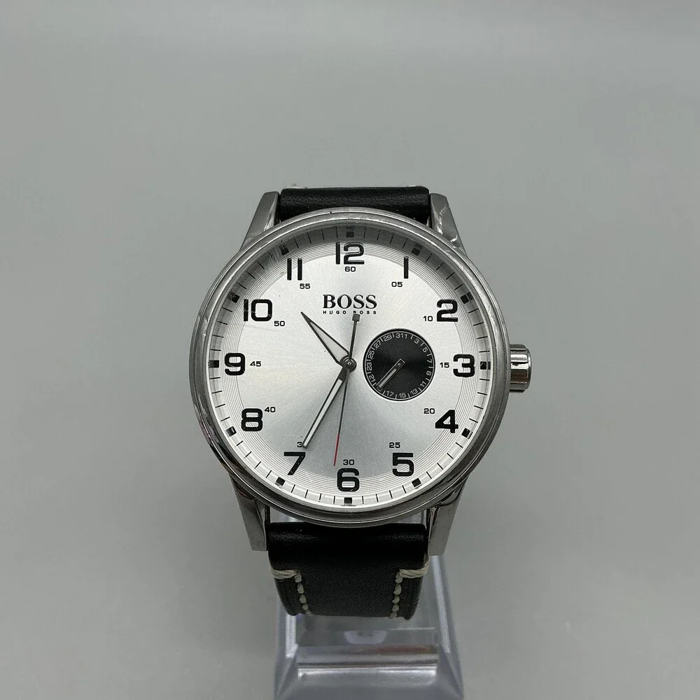 Hugo Boss Men Watch 44mm Silver Tone Black Leather Date HB.88.1.14.2430 New Batt